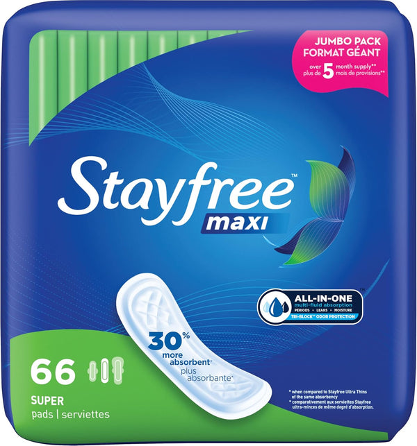 Stayfree Maxi Pads for Women, Super - 66 Count