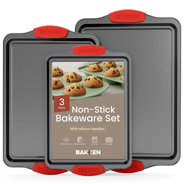 Baking Pan Set – 3 Piece Cookie Sheet – Deluxe Black Non-Stick Carbon Steel – Silicone Handles – Commercial Grade Restaurant Quality – PFOA PFOS