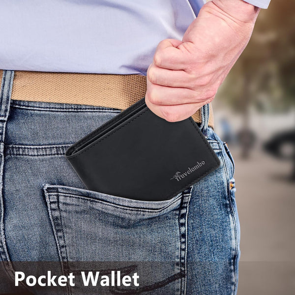 Travelambo Leather Wallet for Men, Slim Minimalist RFID Credit Card Holder Crazy Horse Black
