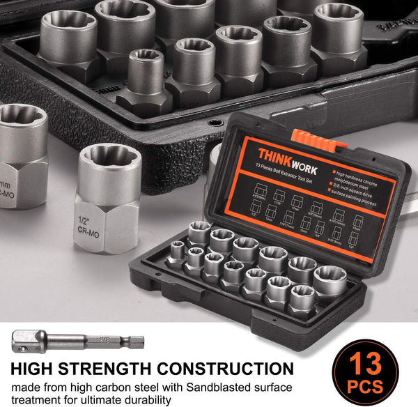 14-Piece Bolt Extractor Kit, 3/8" Drive Impact Bolt & Nut Remover Set | for Damaged, Rusted, Rounded-Off, Stripped Fasteners, 8-19mm, Cr-Mo Steel,