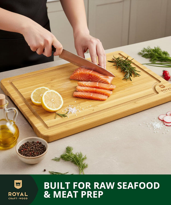 ROYAL CRAFT WOOD Wooden Cutting Boards for Kitchen Meal Prep & Serving - Bamboo Wood Serving Board Set with Deep Juice Groove Side Handles -