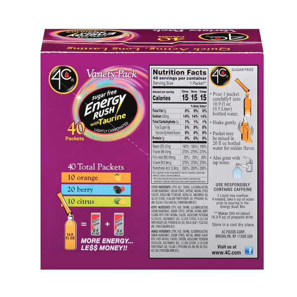 4C Energy Rush Stix, Variety 1 Pack, 40 Count, Single Serve Water Flavoring Packets, Sugar Free with Taurine, On the Go Bundle (20 Berry, 10
