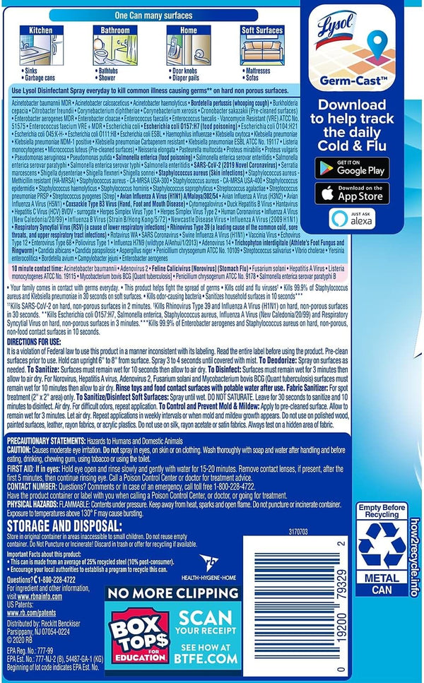 Lysol Disinfectant Spray, Household Essential Cleaning Supplies, Multi-Purpose Room Spray, Antibacterial Sanitizer Spray, Upholstery Deodorizer,