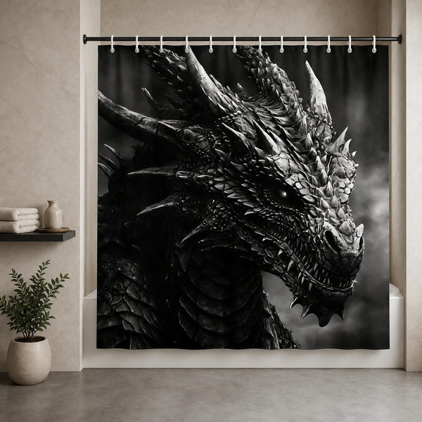 Dragon Shower Curtain for Bathroom, Black and White Boho Shower Curtain Set, Animal Fabric Modern Waterproof Bathroom Decor with 12 Hooks 72x72in