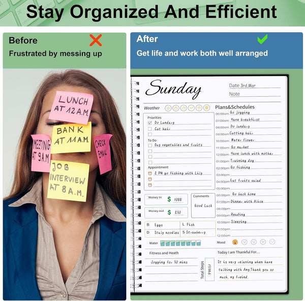 Work Planner - Daily & Weekly Spiral Planner with Hourly Schedules, to Do List, Tasks, Expense Tracker, Undated 7 Days Planner Start Anytime,