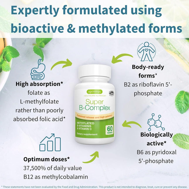 Igennus Super B-Complex Methylated B Vitamins, Sustained Release, Clean Label, M