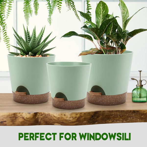 YNNICO Indoor Self Watering Planters with Drainage Holes and Saucers, 9,8, 7.5 Inches, Green, 3 Pots (Springgreen) 9+8+7.5 inch Springgreen