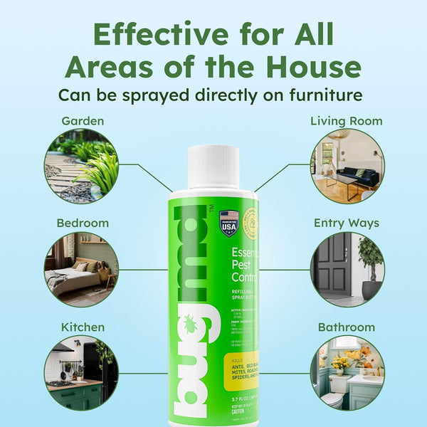 Bugmd Pest Control Essential Oil Concentrate (3.7 Oz, 2 Pack) - Plant Powered Bug Spray Quick Kills Flies, Ants, Roaches, Mosquitoes, and More