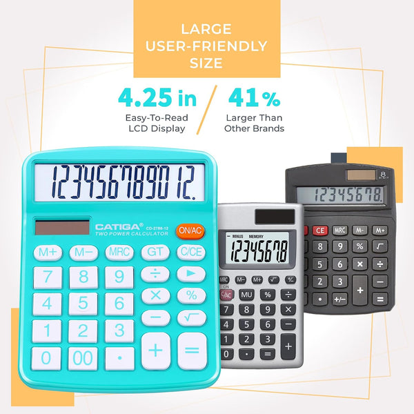 CATIGA Desktop Calculator 12 Digit with Large LCD Display and Sensitive Button, Solar and Battery Dual Power, Standard Function for Office, Home,