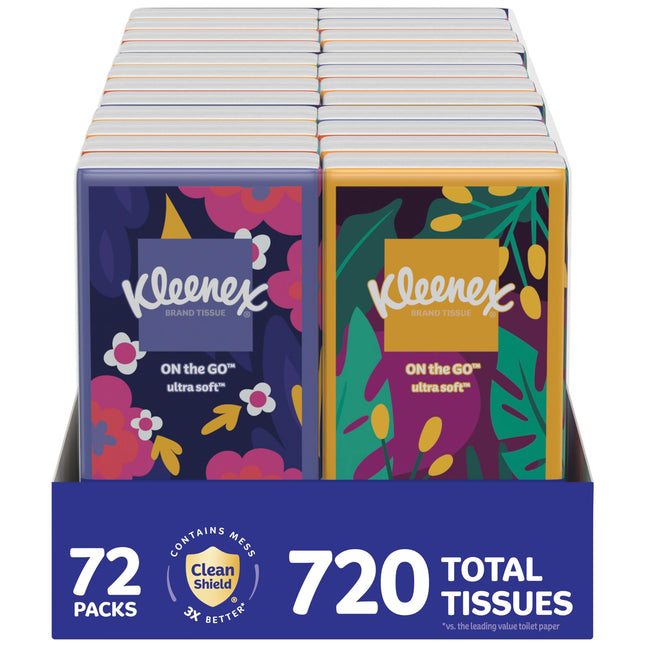 Kleenex On-The-Go Facial Tissues, 72 On-The-Go Packs (3 Trays of 24 Packs), 10 T