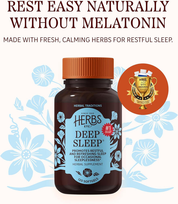 Herbs Etc. Deep Sleep Softgels - Holistic Rest Supplement for Restful Sleep - Chamomile, Lemon Balm Extract & Passionflower - Melatonin-Free,