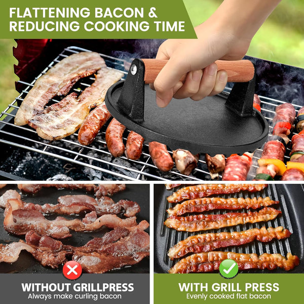 Blackstone Burger Press Set - 7" Round Smash Burger Press & 8"x4" Rectangle Cast Iron Grill Press with Wooden Handle - Smasher is Perfect for