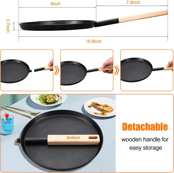 bodkar 8-inch Frying Pan Skillet Flat Crepe Pan, Lightweight Grill Pan with Wooden Handle for Camping Indoor Outdoor Cooking | Lightweight Grill
