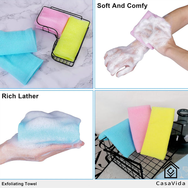 Exfoliating Washcloth Back Scrubber, Blue, 3 Pack | Japanese Beauty Washcloth, Back Scrubber for Daily Use, Textured Poly Nylon Body,