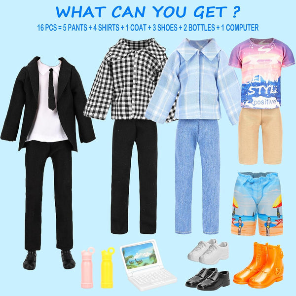 Lot 16 PCS Doll Clothes & Accessories Classic Black Suit for Boy Doll | Include Random 4 PCS Casual Wear + 5 PCS Dolls Pants + 3 Pairs of Shoes