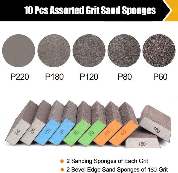 BOSHCRFAT 10 Pack Sanding Block, Washable and Reusable Sanding Sponge for Wood Drywall Metal Glasses Coarse/Medium/Fine/Superfine in