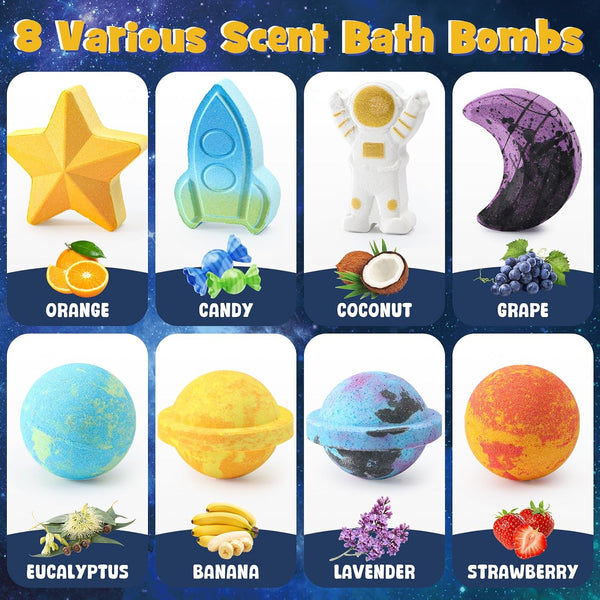 Space Bath Bombs for Kids with Surprise Inside, 8 Pack Kids Galaxy Bath Bombs with Space Toys for Toddler Boys Girls Handemade Rainbow Bubble Bath