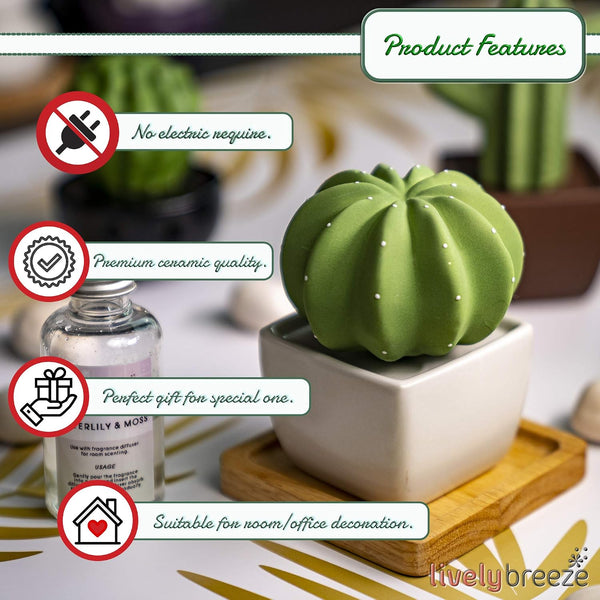 Dotti Cactus, Non-Electric Ceramic Diffusers for Essential Oils and Aromatherapy Fragrance, White Ceramic Diffusers in Car or Desk Office Decor