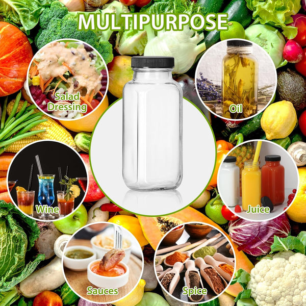 Alotpower 8 oz Glass Juice Bottles with Lids 12Pack | 240ml Square Reusable Drinking Bottles for Juicing, Water, Kombucha Juices, Milk, Beverages