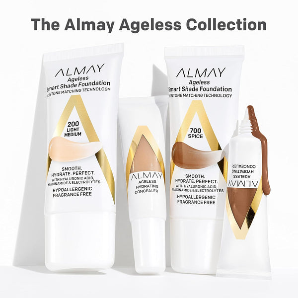 Almay Anti-Aging Foundation, Smart Shade Face Makeup with Hyaluronic Acid, Niacinamide, Vitamin C & E, Hypoallergenic-Fragrance Free, 200 Light