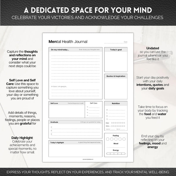 Mental Health Journal for Men | Daily Gratitude, Self Care, Intentions, Affirmations and Nutrition | A5 Mono