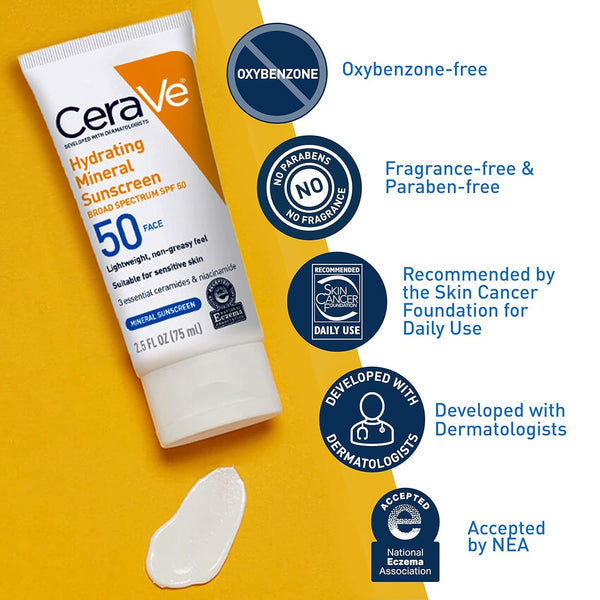 Cerave 100% Mineral Sunscreen SPF 50, Face Sunscreen with Zinc Oxide & Titanium Dioxide, Hyaluronic Acid + Niacinamide + Ceramides, Oil Free,