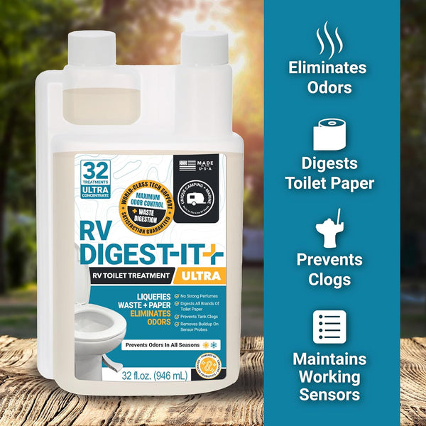 Unique RV Digest-It+ Extra-Strength Ultra-Concentrate - 32 RV Toilet Treatments - Eliminates Smells and Liquifies Waste (32 Oz)
