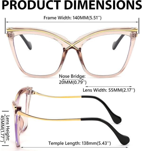 FEISEDY Women Oversized Square Blue Light Blocking Glasses Anti Eyestrain Cat Eye Fashion Eyewear B2956 Transparent Tea 55 Millimeters