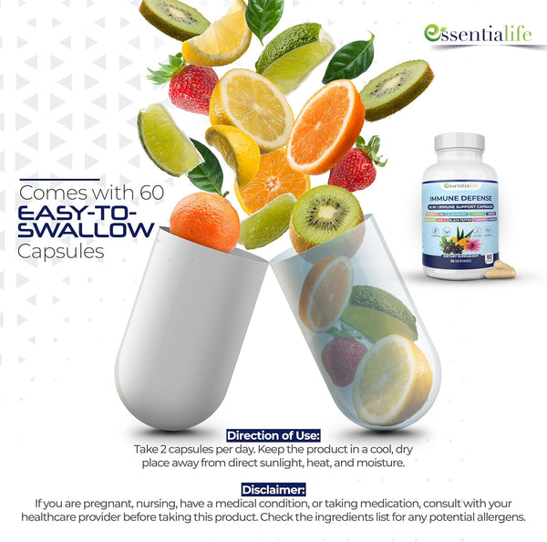 Immune Support Supplement 10 in 1 Elderberry, Echinacea, Vitamin D, Vitamin C 1000mg & Zinc Supplement - Take Charge of Your Health with Immune
