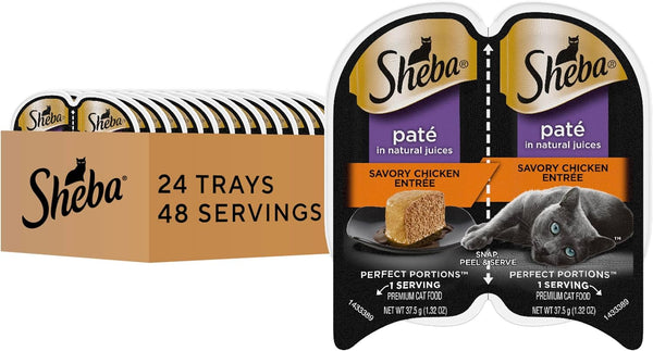 Sheba Perfect Portions PatÃ© Adult Wet Cat Food Trays (24 Count, 48 Servings), Savory Chicken EntrÃ©e, Easy Peel Twin-Pack Trays