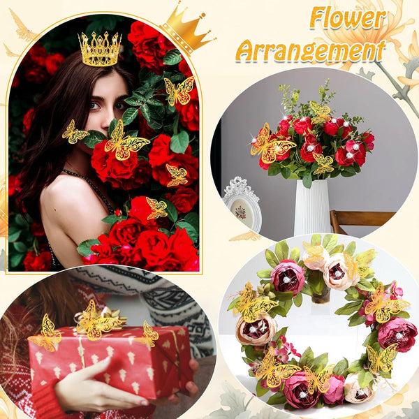 cridoz Gold Crowns for Flower Bouquets, Flower Bouquet Accessories Including 4 Pcs Bouquet Crown, 12 Pcs Butterfly Decorations and 50 Pcs Flower