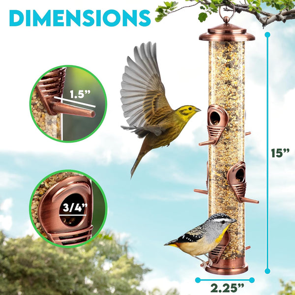 Bird Feeder for Outdoors (Brushed Metal Copper) Hanging Bird Feeders with Locking Lid & Adjustable Hanger, Chew-Proof, Weather Resistant (15