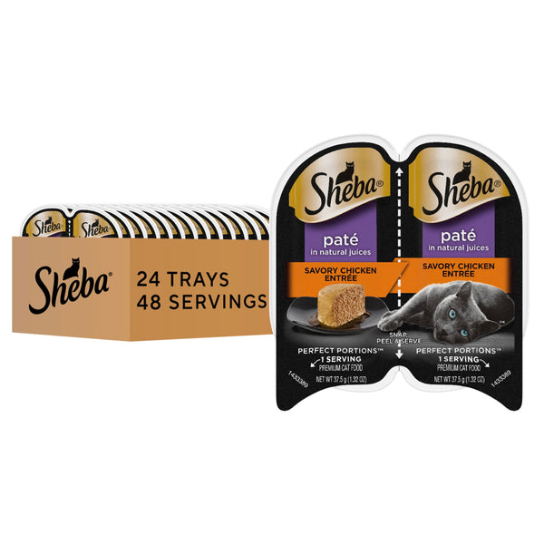 Sheba Perfect Portions PatÃ© Adult Wet Cat Food Trays (24 Count, 48 Servings), Savory Chicken EntrÃ©e, Easy Peel Twin-Pack Trays