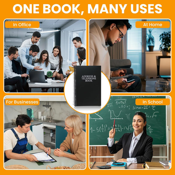 Iconikal Address Telephone Book, 8x5-Inch, Black, Spiral-Bound, 384 Contacts, Organizer for Organizing Names, Addresses, Email, Cell Phone Numbers