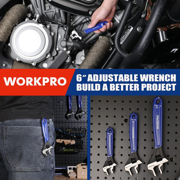 WORKPRO 6-Inch Adjustable Wrench, Cr-V Steel Wrench, Wide Jaw Black Oxide Wrench, Metric & SAE Scales, for Home, Garage, Workshop and DIY