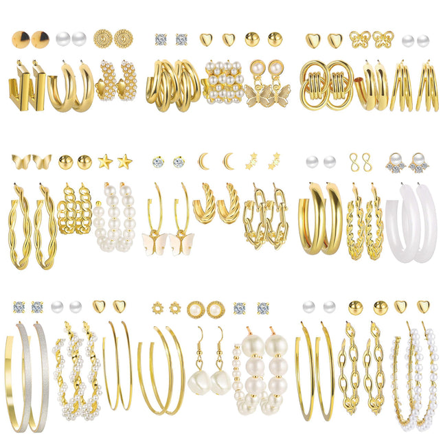54 Pairs Gold Hoop Earrings Set for Women Multipack, Boho Fashion Statement Stud Hoop Earrings Pack with Pearl Butterfly