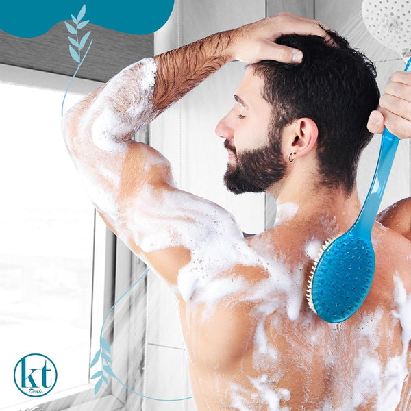 2 Pack Bath Body Brush Long Handle Back Shower Brush Exfoliating Back, Body, and Feet Scrubber Soft Nylon Bristles (Blue & Green) Blue, Green