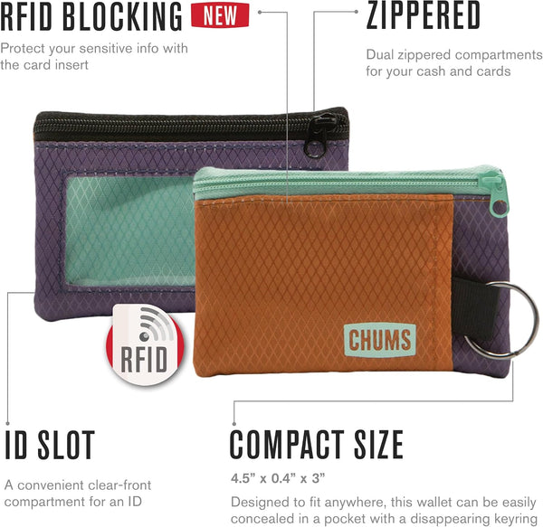 Chums Surfshorts Wallet - Lightweight Slim Wallet with RFID Blocking Card & Clear ID Window - Zippered, Water Resistant w/Key Ring Marlin