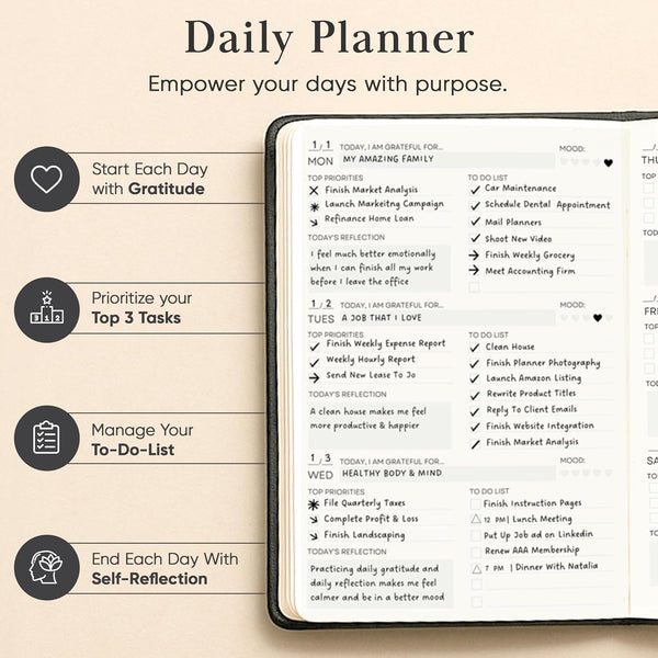 2025 Planner, Daily Journal & Gratitude Journal All-In-One with to Do List, Self Care Prompts & Habit Tracker - 5.8 X 8.3 - Black