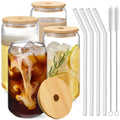 Drinking Glasses with Bamboo Lids and Glass Straw 4pcs Set - 16oz Glass Cups, Iced Coffee Glasses, Cute iced Tea Glasses, Beer Glasses, Ideal for