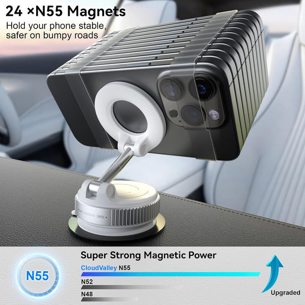 CloudValley Magnetic Car Phone Mount, Compatible with MagSafe | 360° Adjustable Foldable Holder for Dashboard, 80LBS Suction & 2800gf Magnet, Car