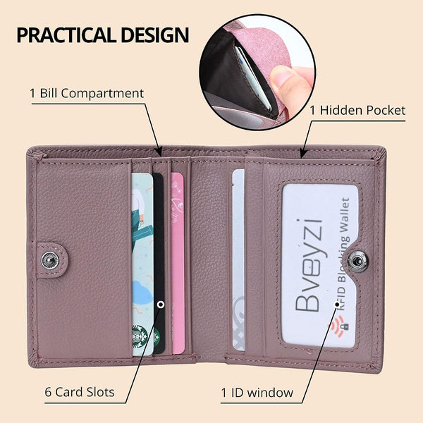 Bveyzi Ultra Slim Small RFID Wallet for Women, Leather Tiny Thin Bifold Pocket Ladies Wallet Dark Pink