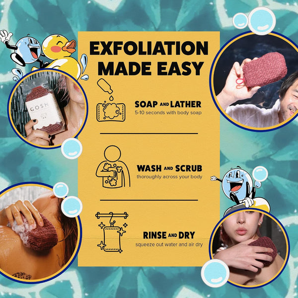GOSHI Exfoliating Shower Sponge - Rip-Resistant, Rapid-Drying Exfoliating Bath Sponge for All Skin Types - Brick Red - Made in Japan |