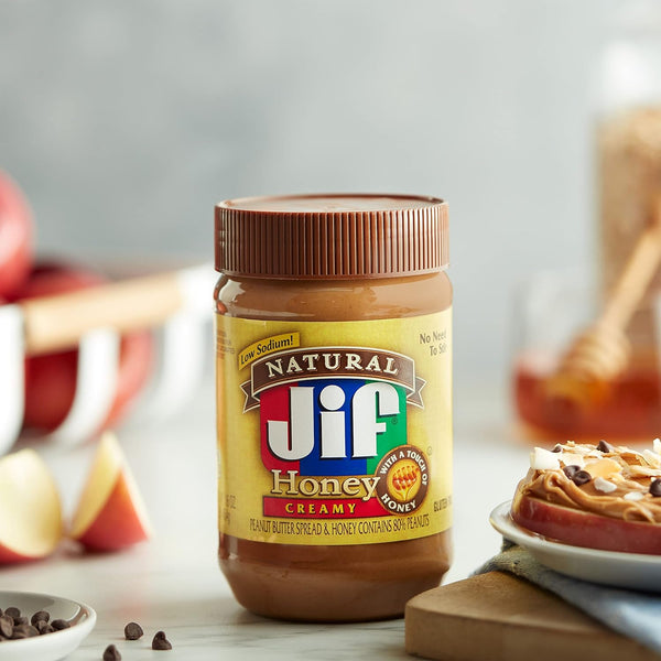 Jif Natural Creamy Peanut Butter Spread and Honey, 16 Oz. Jar | 7g protein per serving, 7% DV, See nutrition information for fat and saturated fat