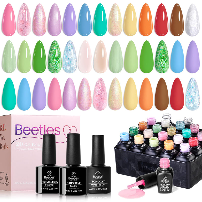 beetles Gel Nail Polish Set 20 Colors Pastel Gel Polish with Glossy&Matte Top Coat Base Coat, Pink Purple Blue Green White Trendy Color Glitter Uv
