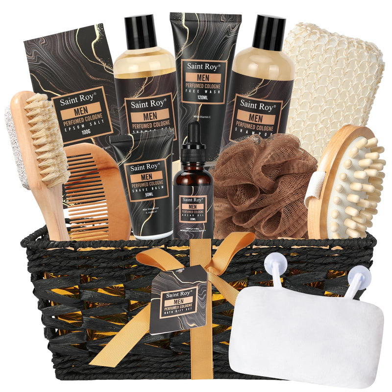 Valentines Day Gifts for Him Fathers Day Bath Perfume Gift Set for Men, 14 Pcs Spa Basket with Classic Perfume Kit, Personal Self Care Shaving Kit