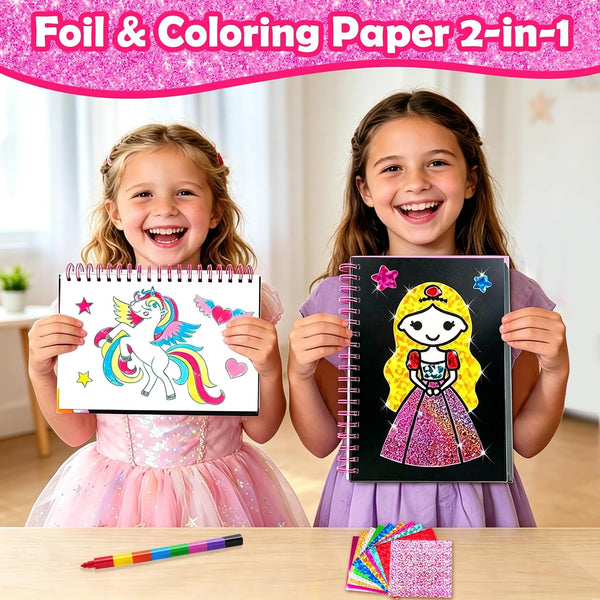 FUNNYB&G Foil Art Craft Kit for Girls 4-10 Years Old: Mess-Free & No-Glue, Create 16 Sparkly Princess Unicorn Pictures – Perfect Travel Toy &
