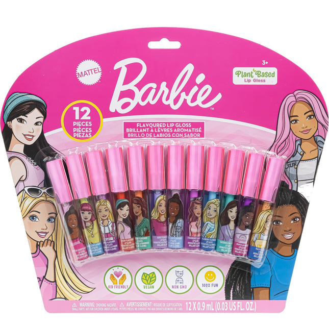 Barbie 12 Piece Plant Based Lip Gloss, Girls Party Favors, First Makeup Set for 