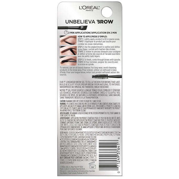 L'Oreal Paris Unbelieva-Brow Longwear Waterproof Tinted Brow Gel, Smudge-Resistant, Transfer- Proof, Quick Drying, Easy and Quick Application with