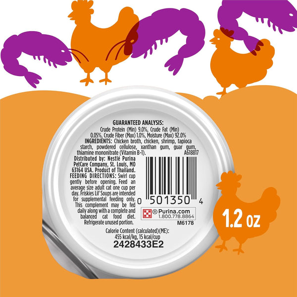 Purina Friskies Grain Free Lickable Cat Food Toppers Lil’ Soups With Shrimp in a Velvety Chicken Broth - (Pack of 8) 1.2 oz. Cups